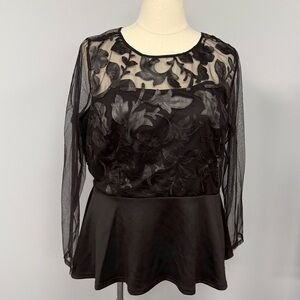 Ashley Stewart Black Sheer Mesh Floral Peplum Top 22/24W Whimsygoth Fairy Grunge